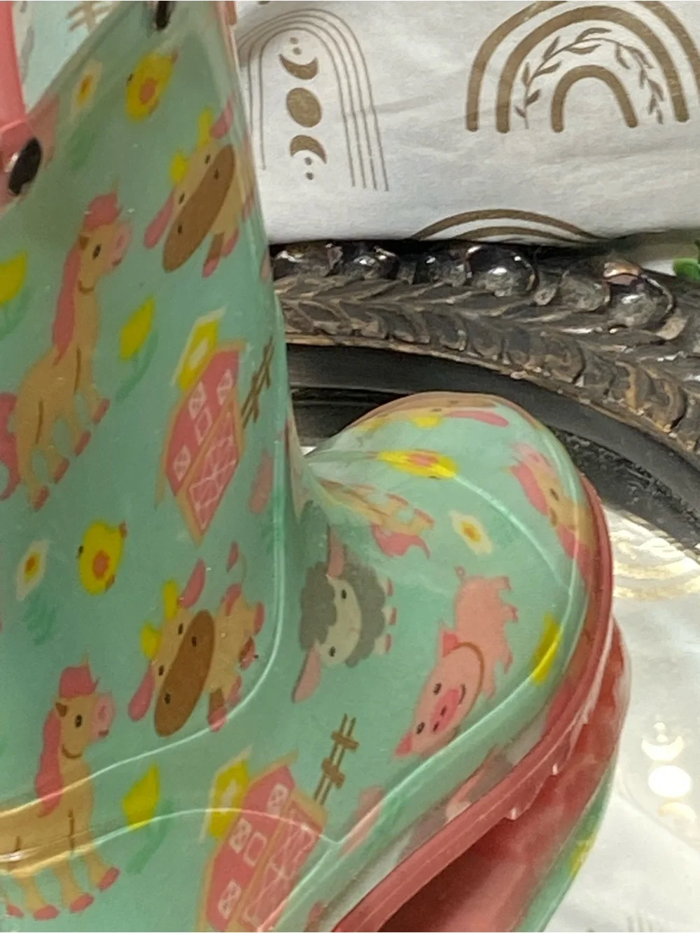 Western Chief Mint Green Farm Animal Rain Boots with Pink Soles